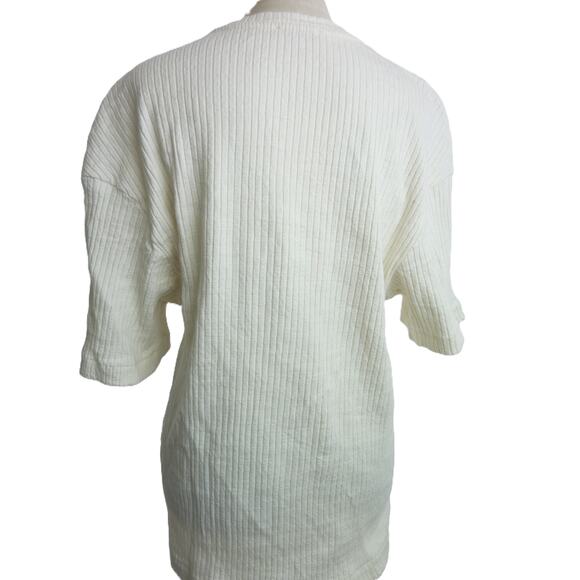ZARA Ivory Cream Textured Ribbed Knit Short Sleeve Loose Fit Sweater M - Picture 3 of 5